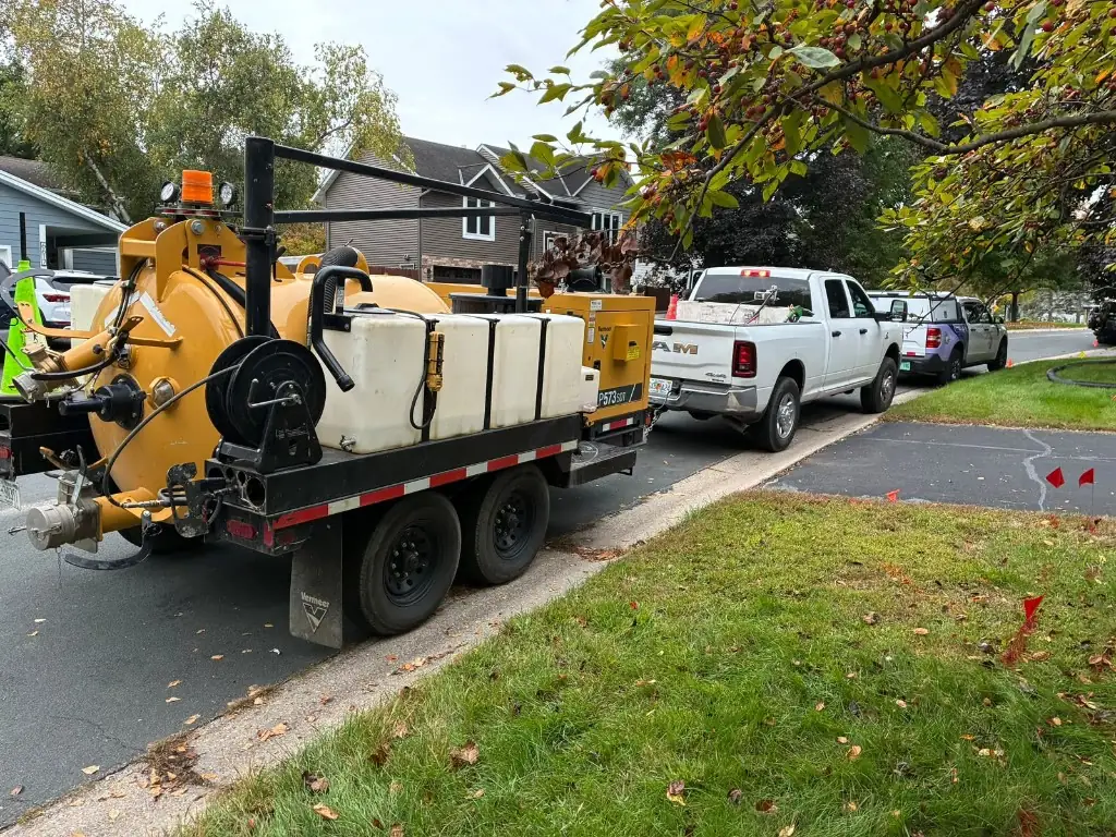 A vacuum excavator and water tanks on a trailer parked along a residential curb.